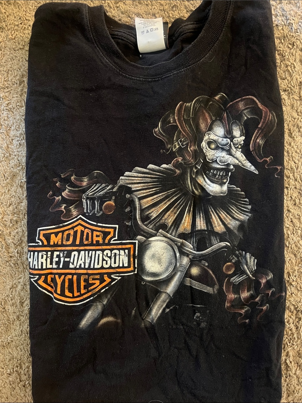 Vtg Harley-Davidson Black Short-Sleeve Tee with Jester Motorcycle Graphic